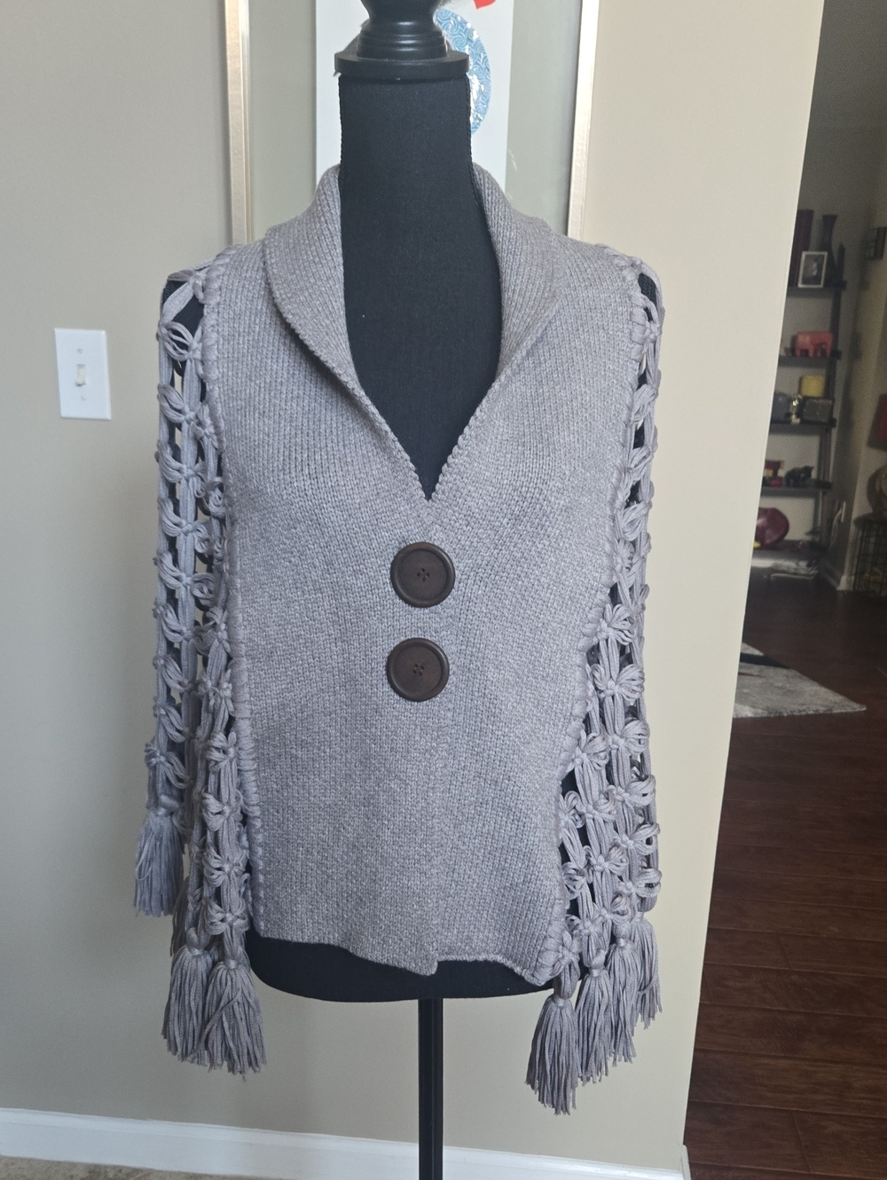 REHAB LAB-Women's Gray Open-Knit Shawl Collar Poncho with Tassel Sleeves